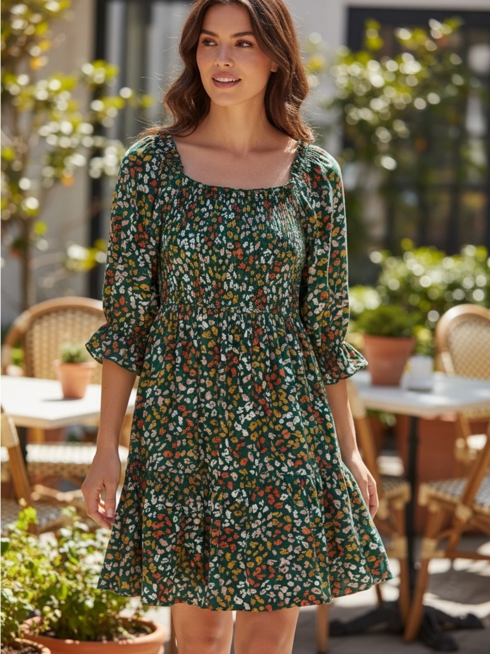 APRICOT boho womens Green Floral Smocked Neck Peasant dress size 6